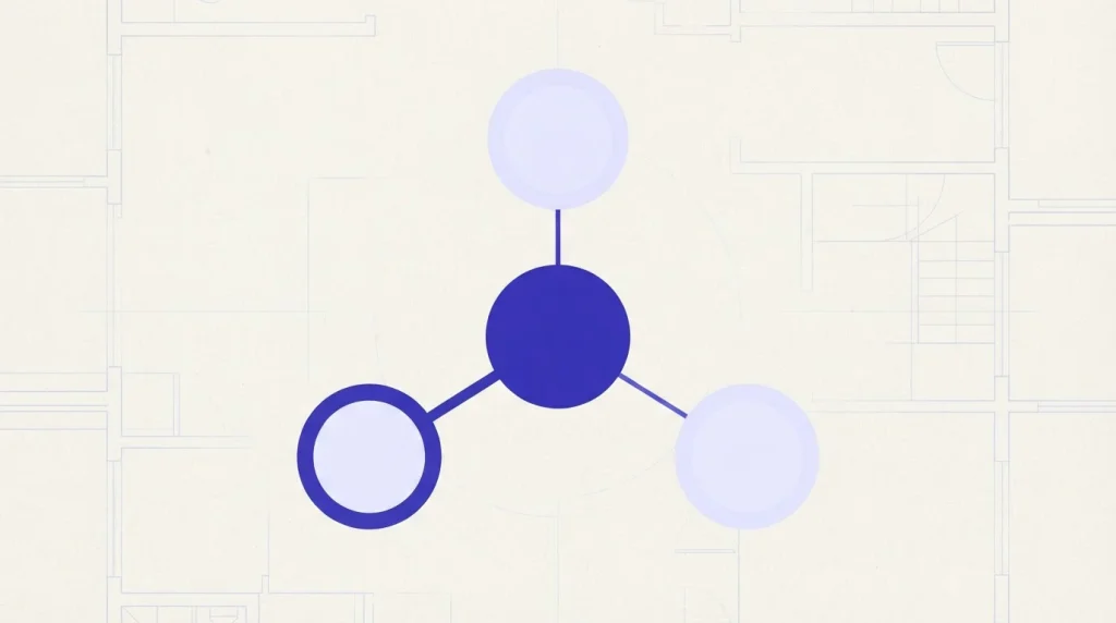 Geometrisches Netzwerk aus drei verbundenen Ordnern und einer zentralen Prüfliste