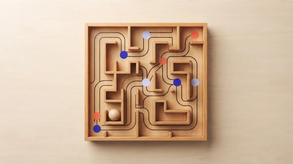 Auf einem Holzbrett angeordnetes Labyrinth mit drei farbigen Wegen und Markierungen