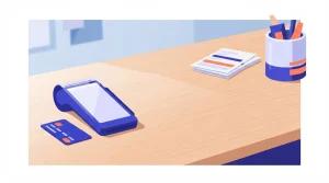 Kartenterminal und Bankkarte neben geordneten Zahlungsbelegen auf einem Schreibtisch