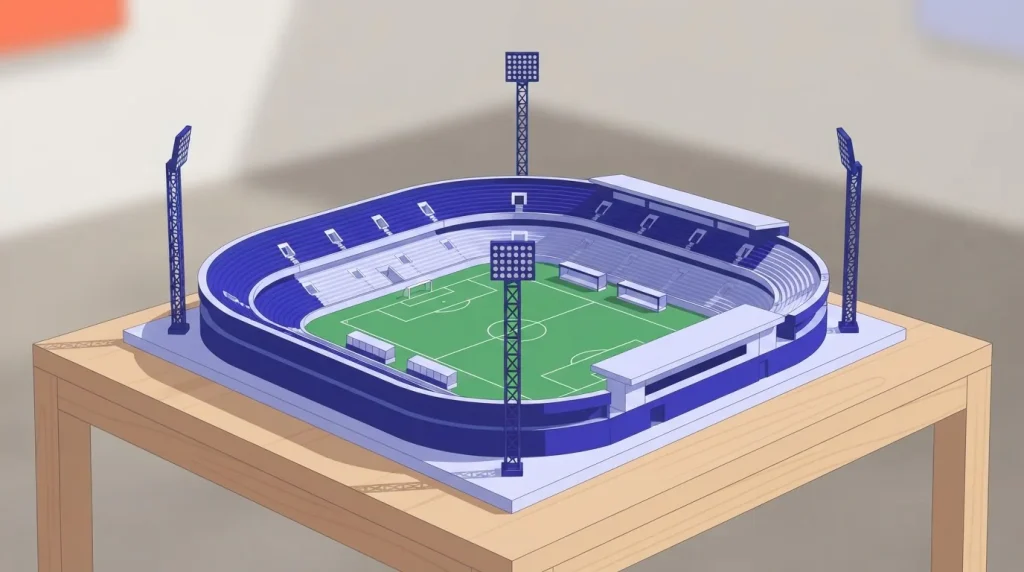 Miniaturmodell eines Fußballstadions mit Tribünen und Flutlichtmasten