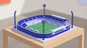 Miniaturmodell eines Fußballstadions mit Tribünen und Flutlichtmasten